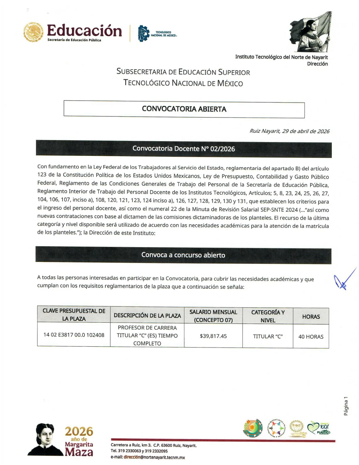 Página 1 de Convocatoria Docente N.º 02/2026