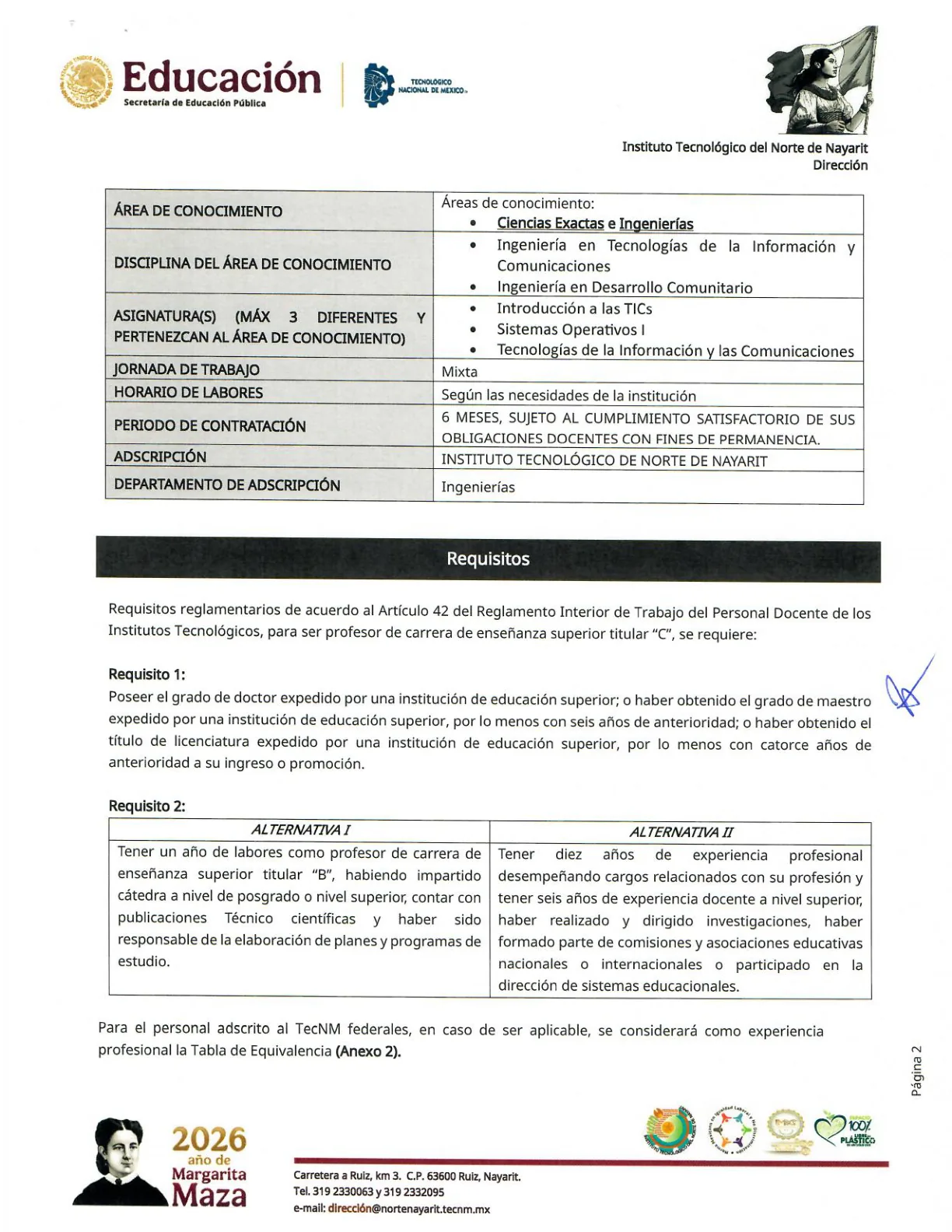 Página 2 de Convocatoria Docente N.º 02/2026