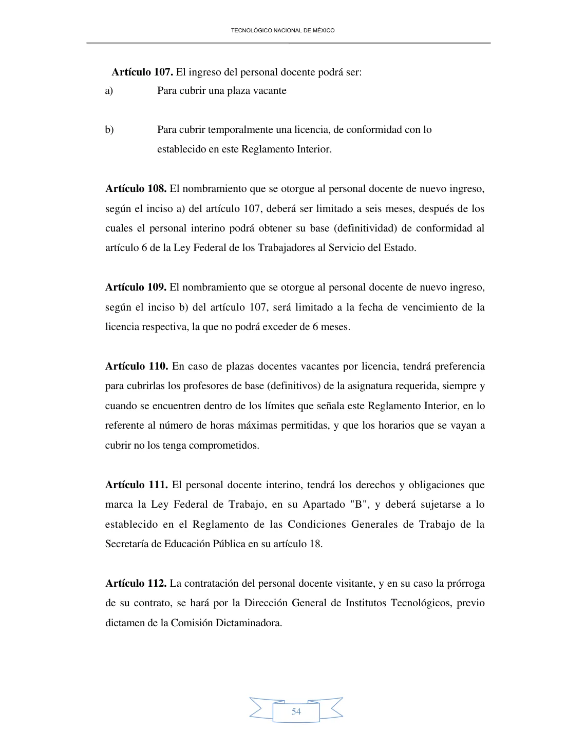 Página 54 de Reglamento Interior de Trabajo del Personal Docente